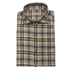 NEW SONRISA men's cotton wool button down shirt in grey brown checkered